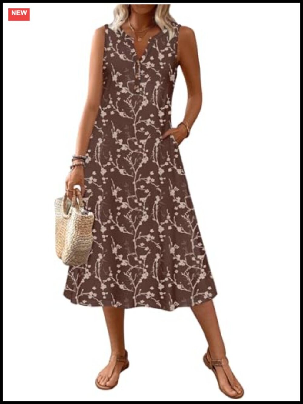 Sleeveless Tank Midi Dress A-Line Sundress Vacation Beach